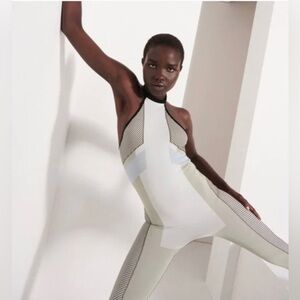 Zara contour‎ collection gray colorblock open back halter stretch jumpsuit M/L